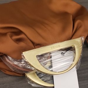 Reiss metal handles small satin clutch bag in burnt honey